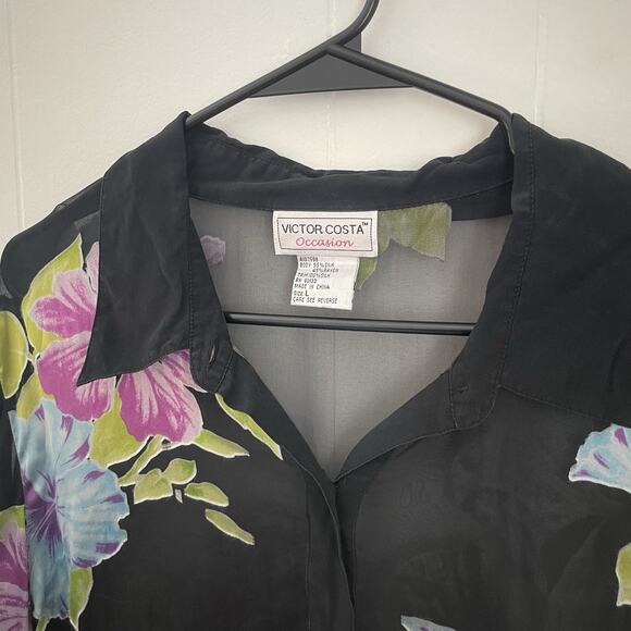 Victor Costa Floral Blouse L Sheer Silk Blend Black Vintage Y2K Top - Picture 3 of 7